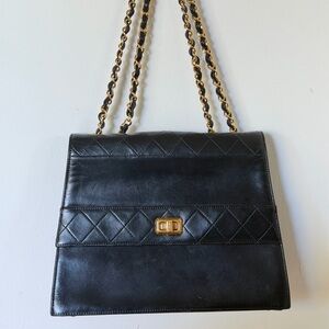 Vintage CHANEL Trapezoid Black Quilted Shoulder Bag with Gold Chain